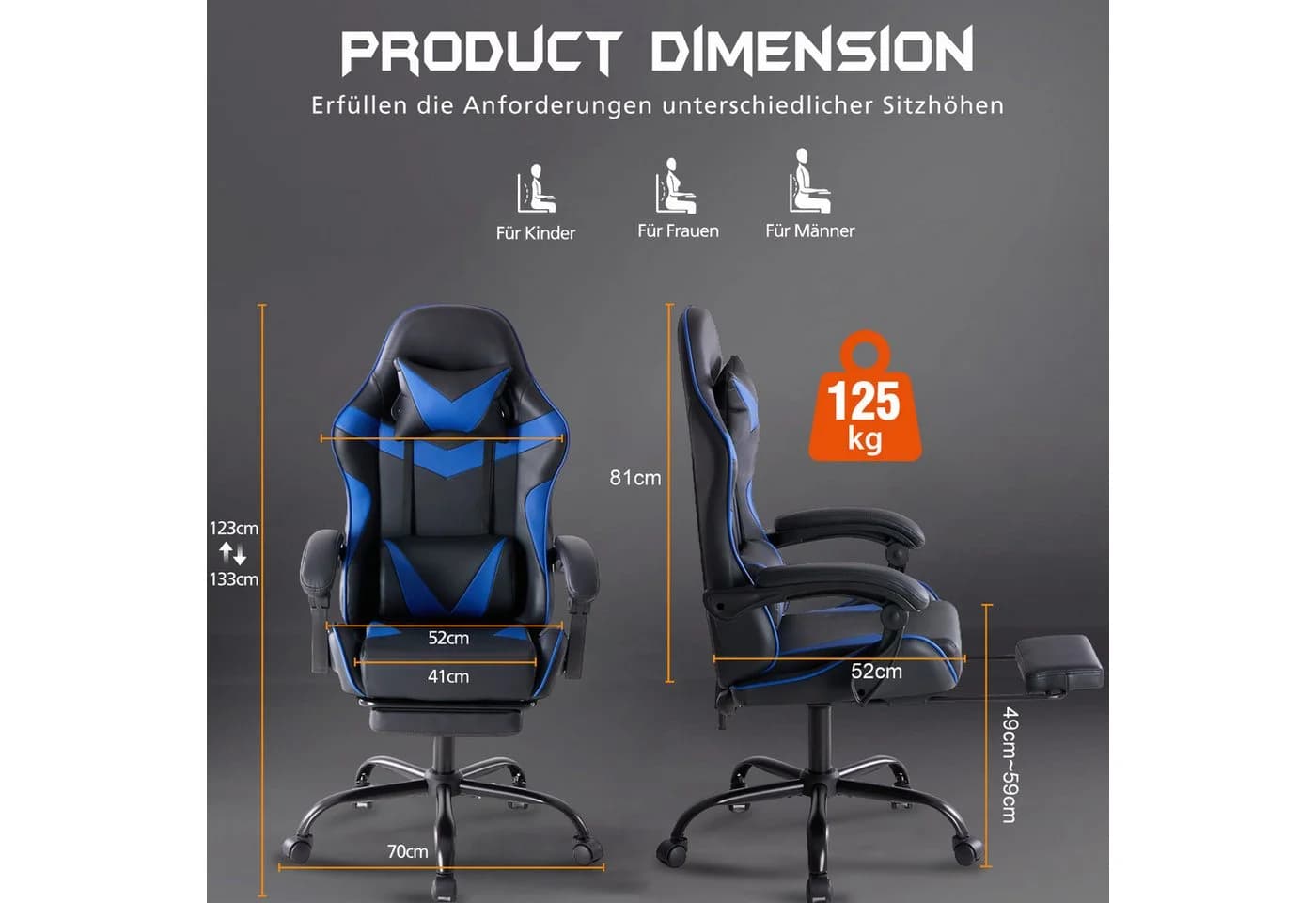 DUMOS Gaming-Stuhl Blau Ergonomisch mit Fußstütze & Kopfstütze