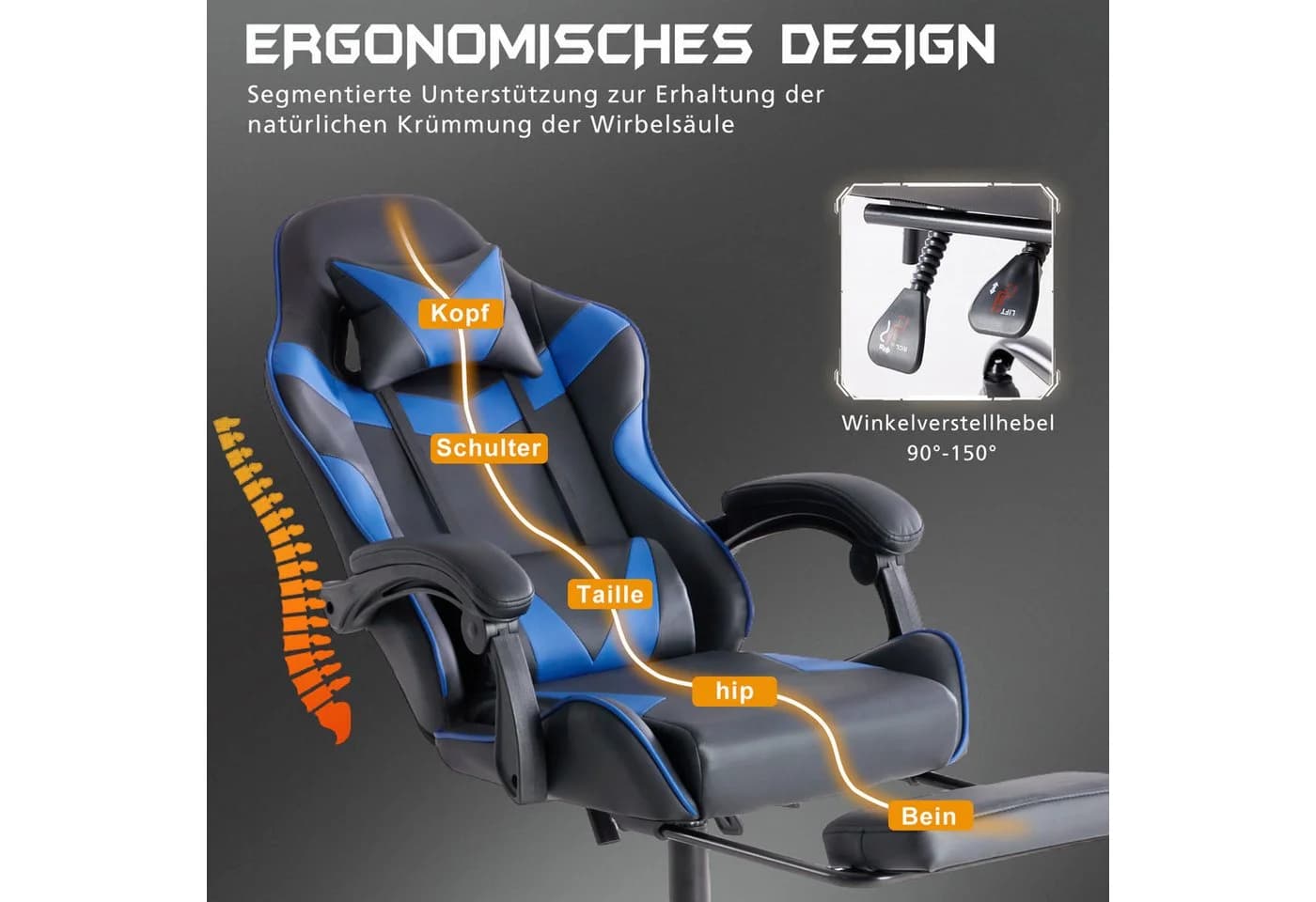 DUMOS Gaming-Stuhl Blau Ergonomisch mit Fußstütze & Kopfstütze - Bild 3