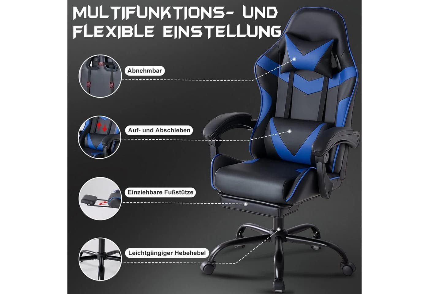 DUMOS Gaming-Stuhl Blau Ergonomisch mit Fußstütze & Kopfstütze - Bild 4