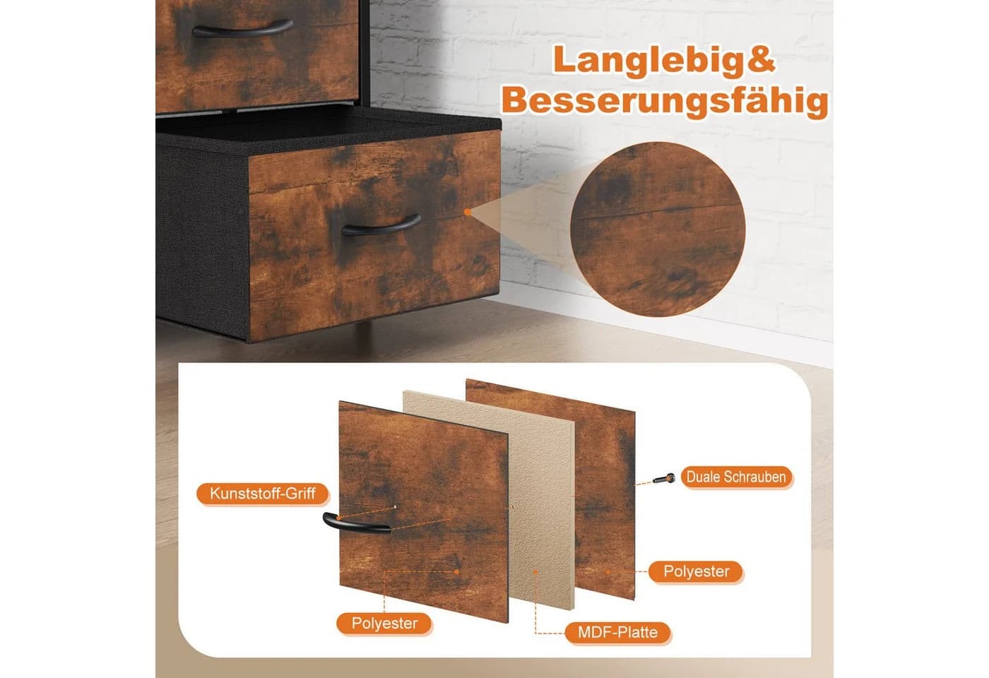 DUMOS Nachttisch mit 2 Schubladen Weiß, Schwarz, Grau, Braun - Bild 4