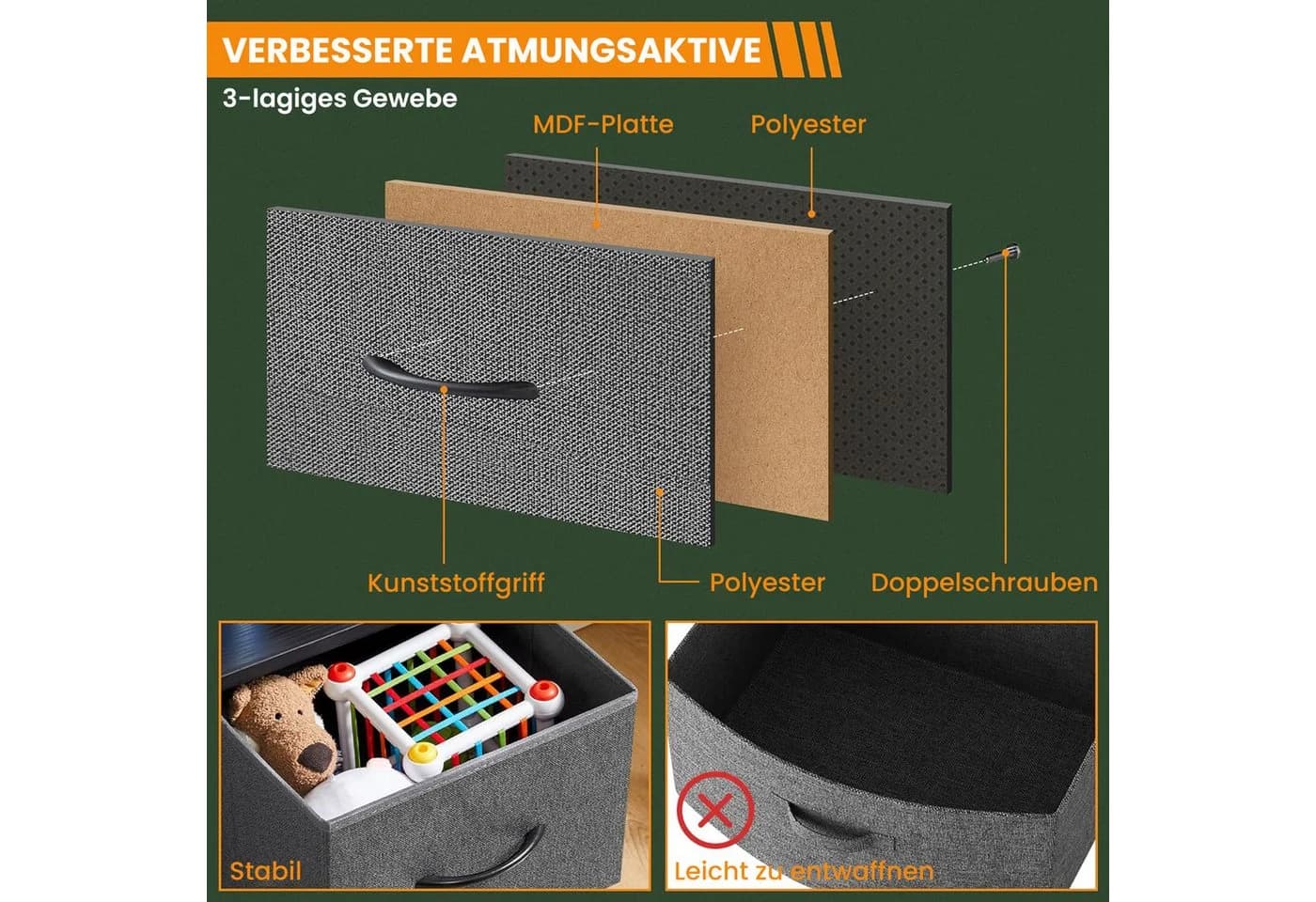 DUMOS Schubkastenkommode Stoffkommode mit Schubladen, Aufbewahrungsschrank, mit 4,5,7,8,9 Schubladen für geschlossenen Stauraum - Bild 4