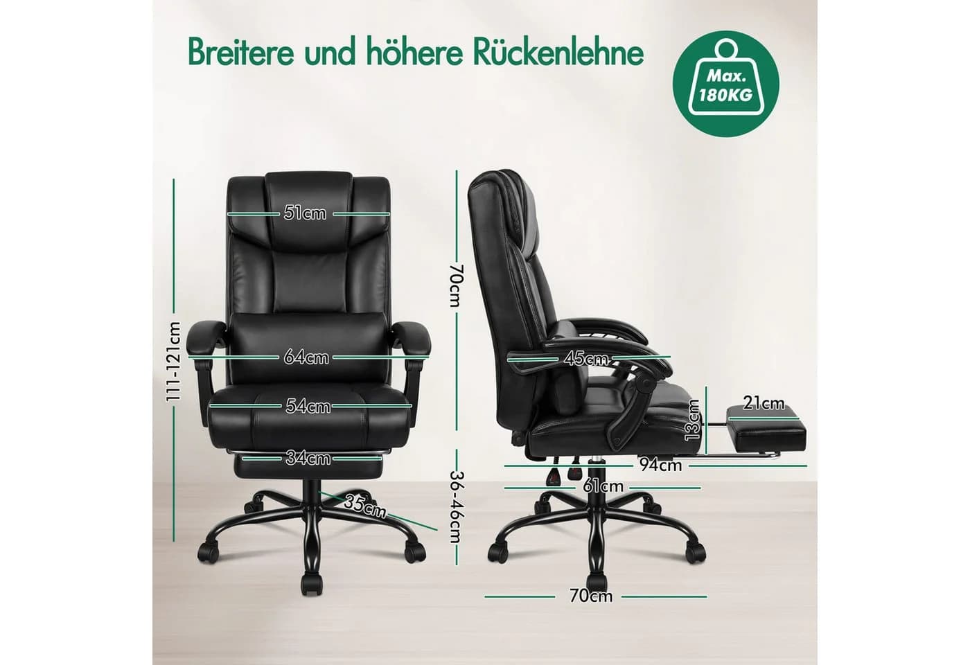 ALFORDSON Bürostuhl Ergonomisch Schwarz 150°-Neigung