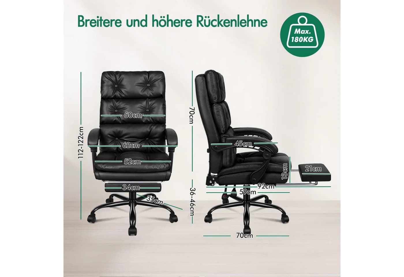 ALFORDSON Bürostuhl Schwarz mit Fußstütze & verstellbarer Rückenlehne