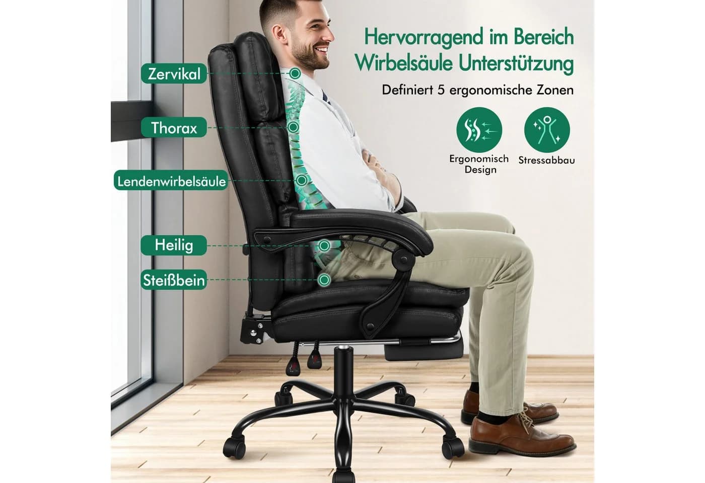 ALFORDSON Bürostuhl Schwarz mit Fußstütze & verstellbarer Rückenlehne - Bild 4