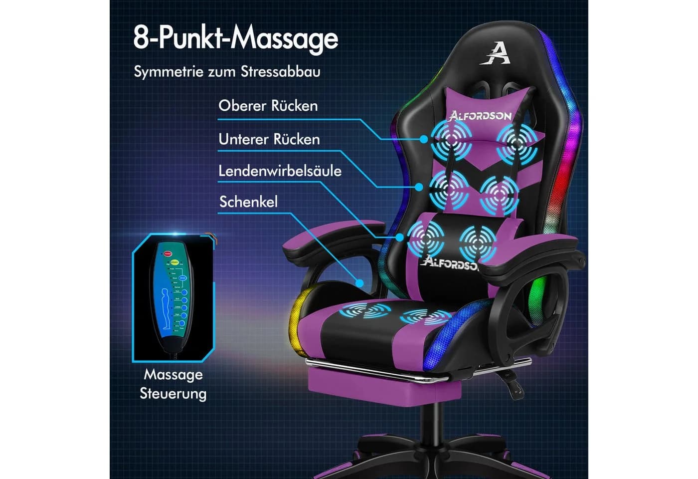 ALFORDSON Gaming-Stuhl Ergonomisch Lila 8-Punkt-Massage - Bild 4