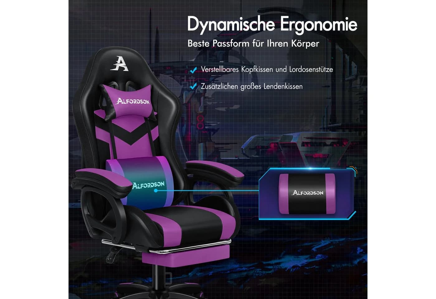 ALFORDSON Gaming-Stuhl Ergonomisch Lila 8-Punkt-Massage - Bild 5