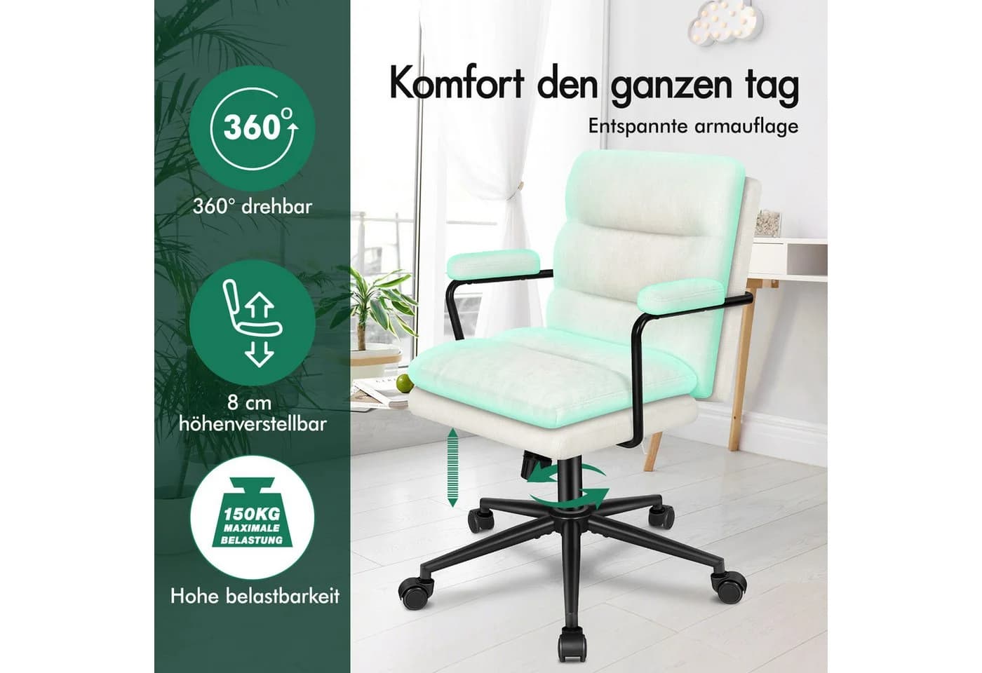 ALFORDSON Bürostuhl ergonomisch Chenille Lendenstütze Beige - Bild 5