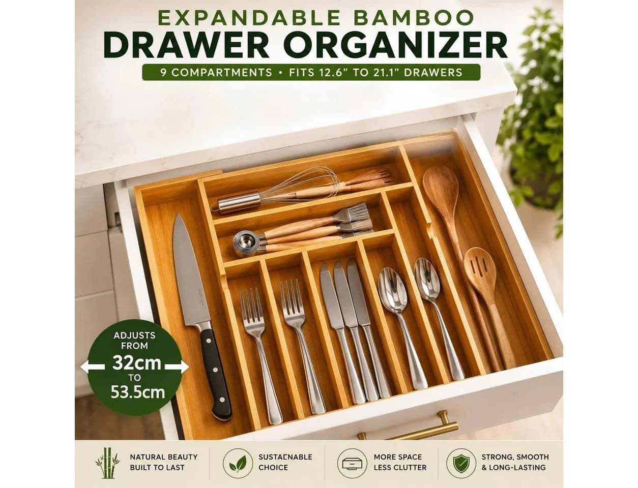 Refined Living Ausziehbarer Besteckeinsatz Bambus Schubladen Organizer - Bild 3