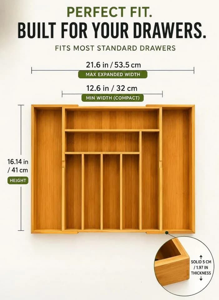 Refined Living Ausziehbarer Besteckeinsatz Bambus Schubladen Organizer - Bild 5