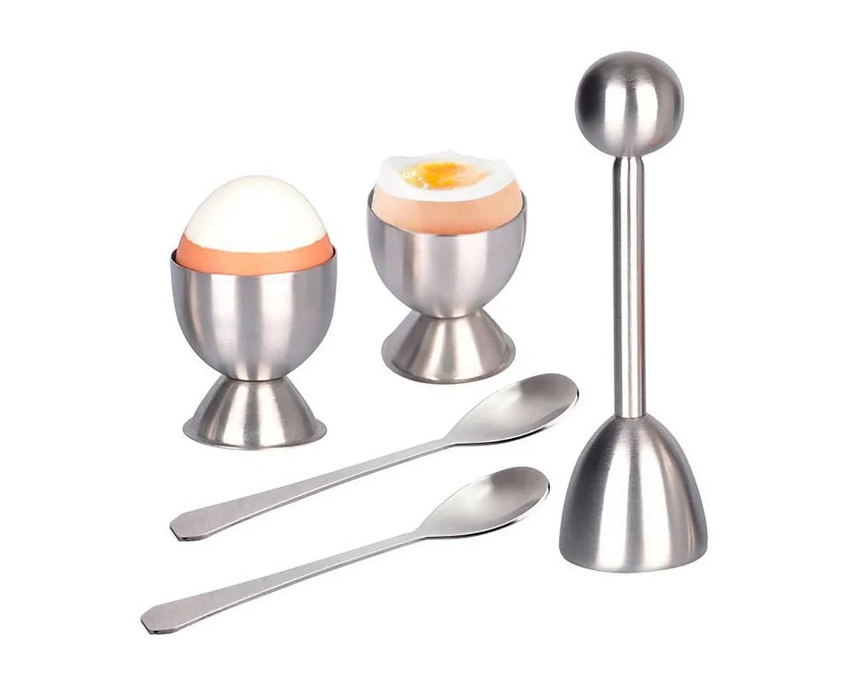 SURFOU Eierköpfer Set 5-tlg. Edelstahl Silber mit Eierbechern & Löffeln - Bild 2