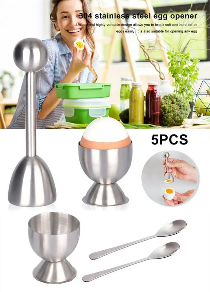 SURFOU Eierköpfer Set 5-tlg. Edelstahl Silber mit Eierbechern & Löffeln - Bild 3