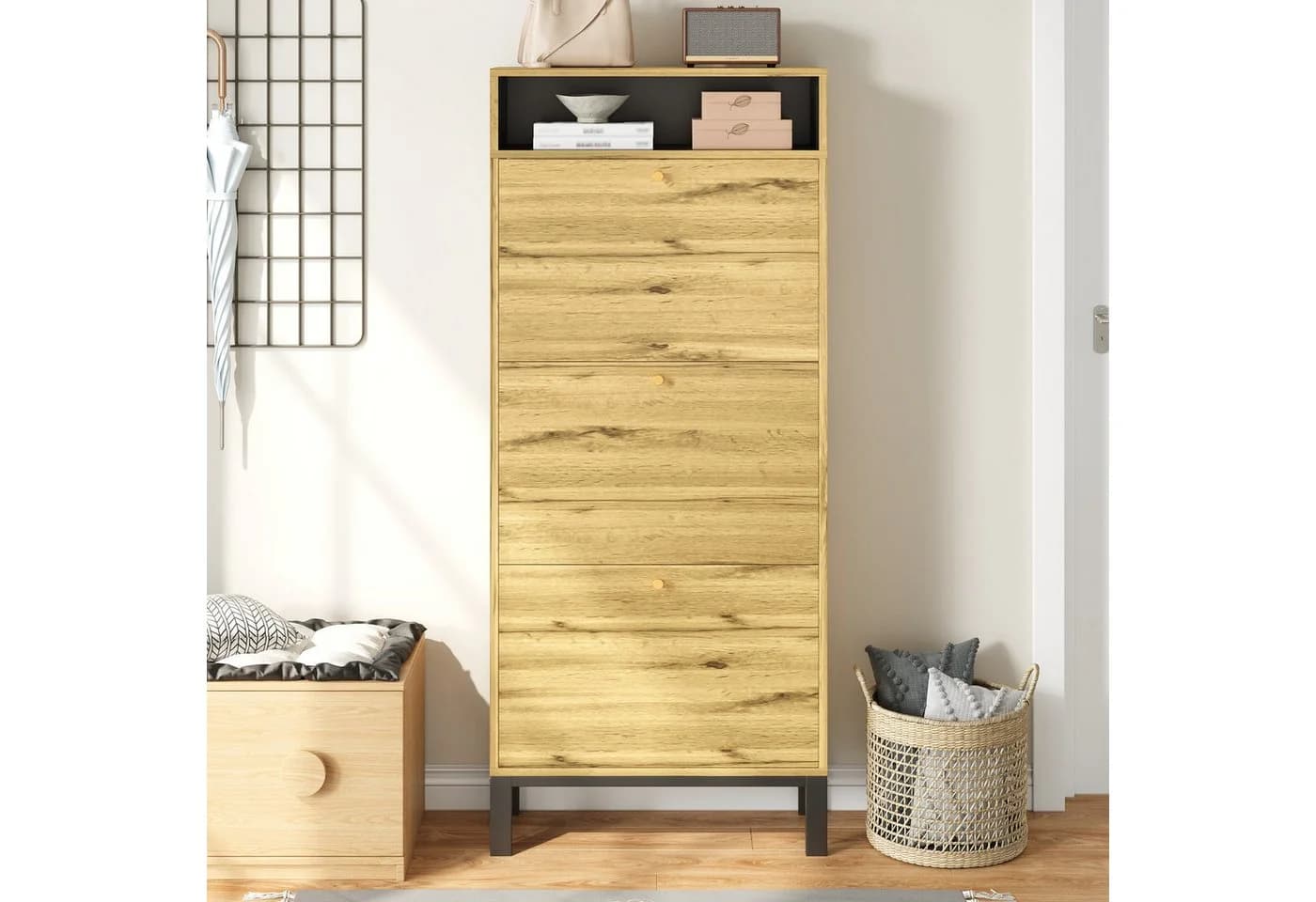 Refined Living Schuhschrank hoch schmal mit 3 Klappen und offenen Fächern