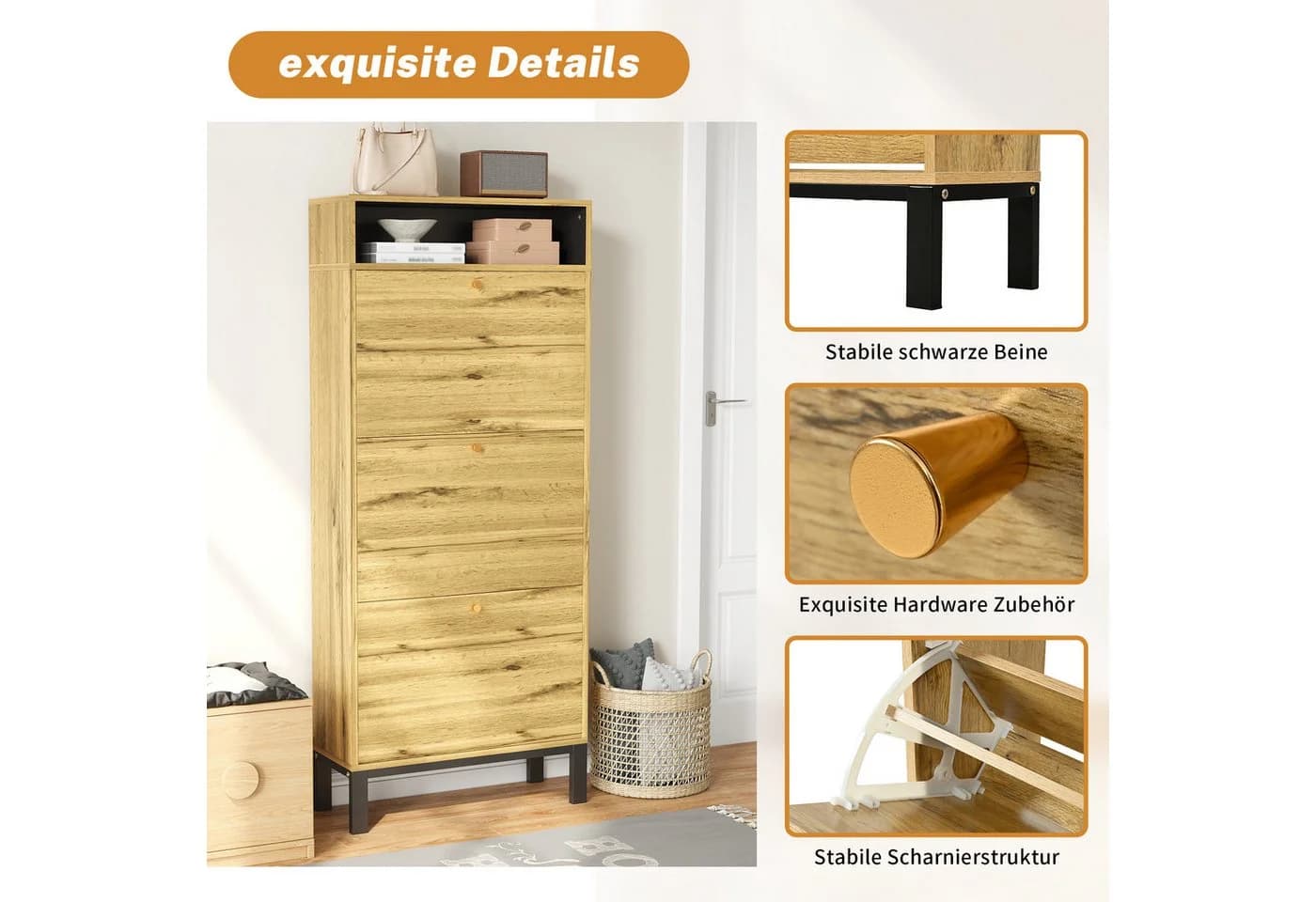 Refined Living Schuhschrank hoch schmal mit 3 Klappen und offenen Fächern - Bild 5