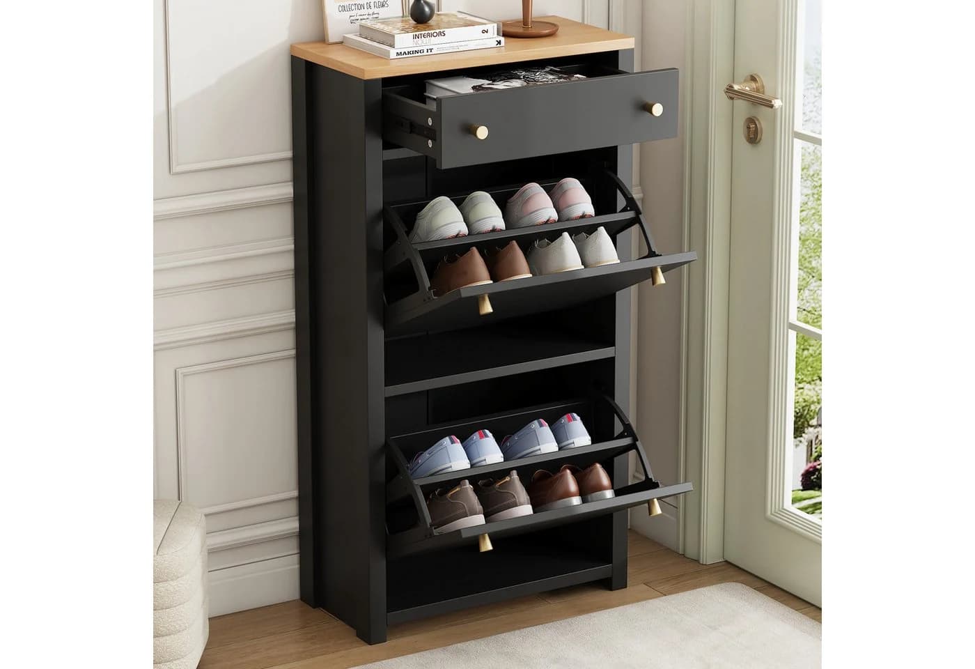 Refined Living Schuhschrank mit Schublade und 2 Klappen Schwarz Holzoptik