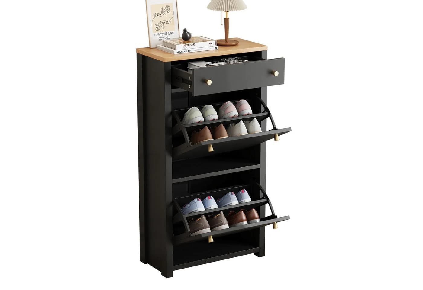 Refined Living Schuhschrank mit Schublade und 2 Klappen Schwarz Holzoptik - Bild 2