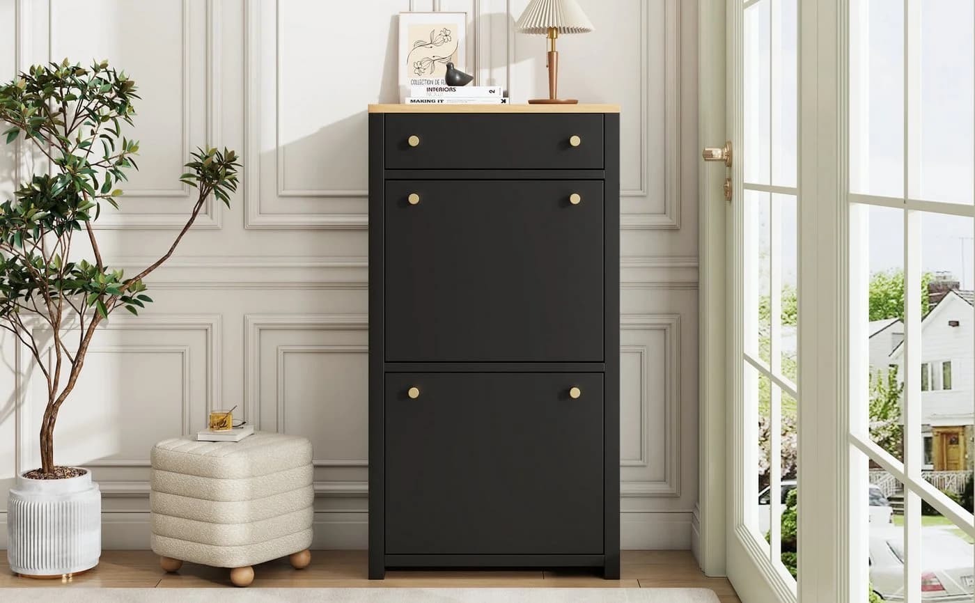 Refined Living Schuhschrank mit Schublade und 2 Klappen Schwarz Holzoptik - Bild 5