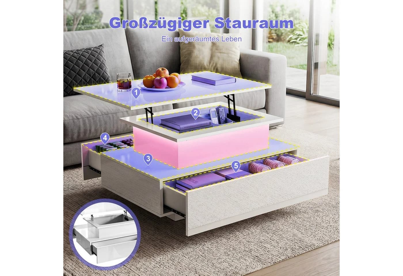oyajia Höhenverstellbarer Couchtisch Hochglanz Weiß mit LED - Bild 4