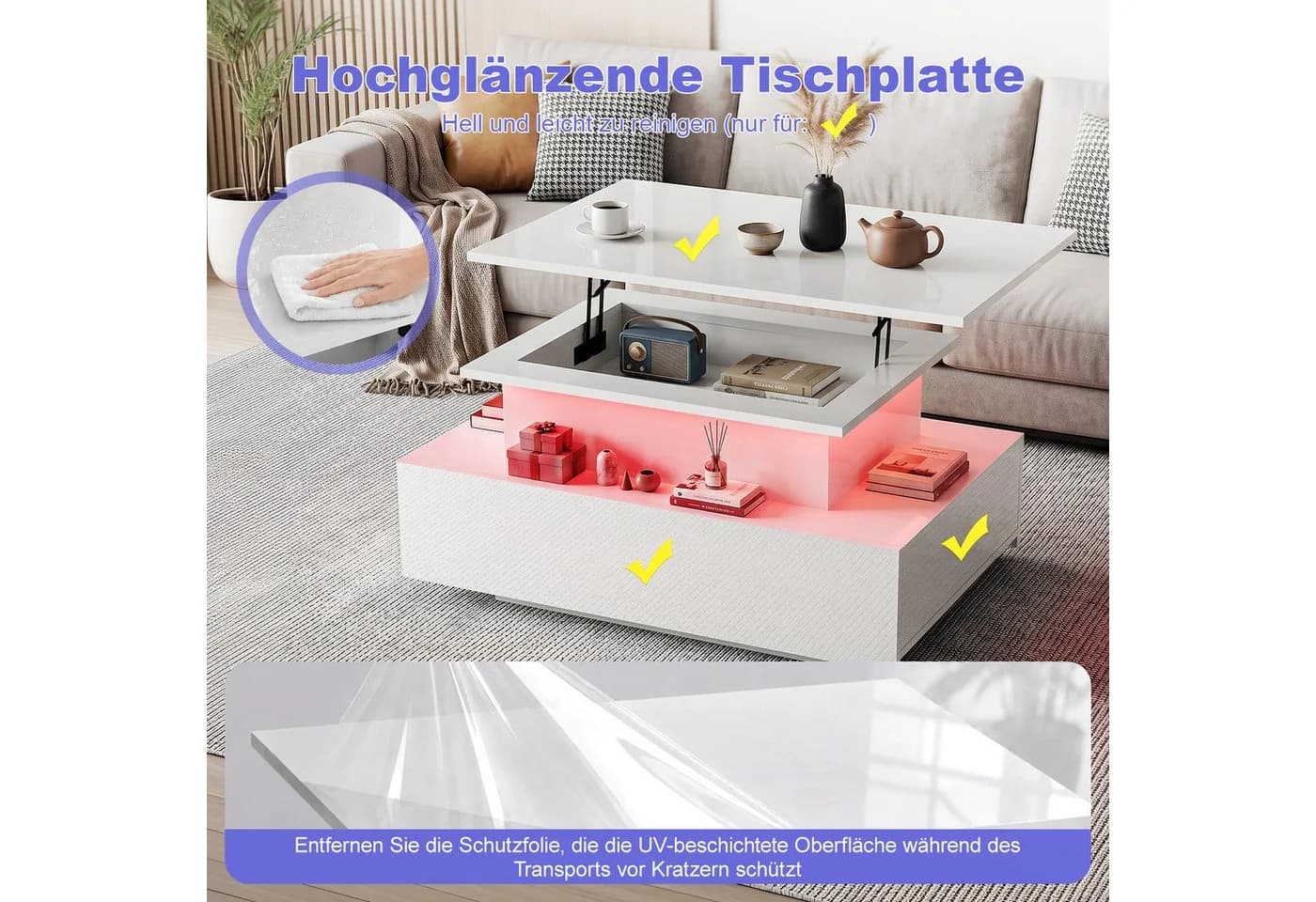 oyajia Höhenverstellbarer Couchtisch Hochglanz Weiß mit LED - Bild 5