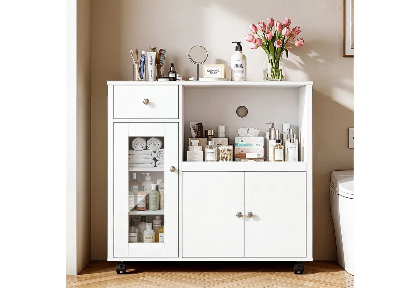 oyajia Sideboard Aufbewahrungsschrank Weiß mit Rollen