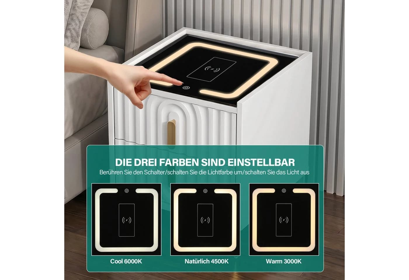 oyajia Nachttisch mit LED-Beleuchtung & kabellosem Laden Weiß