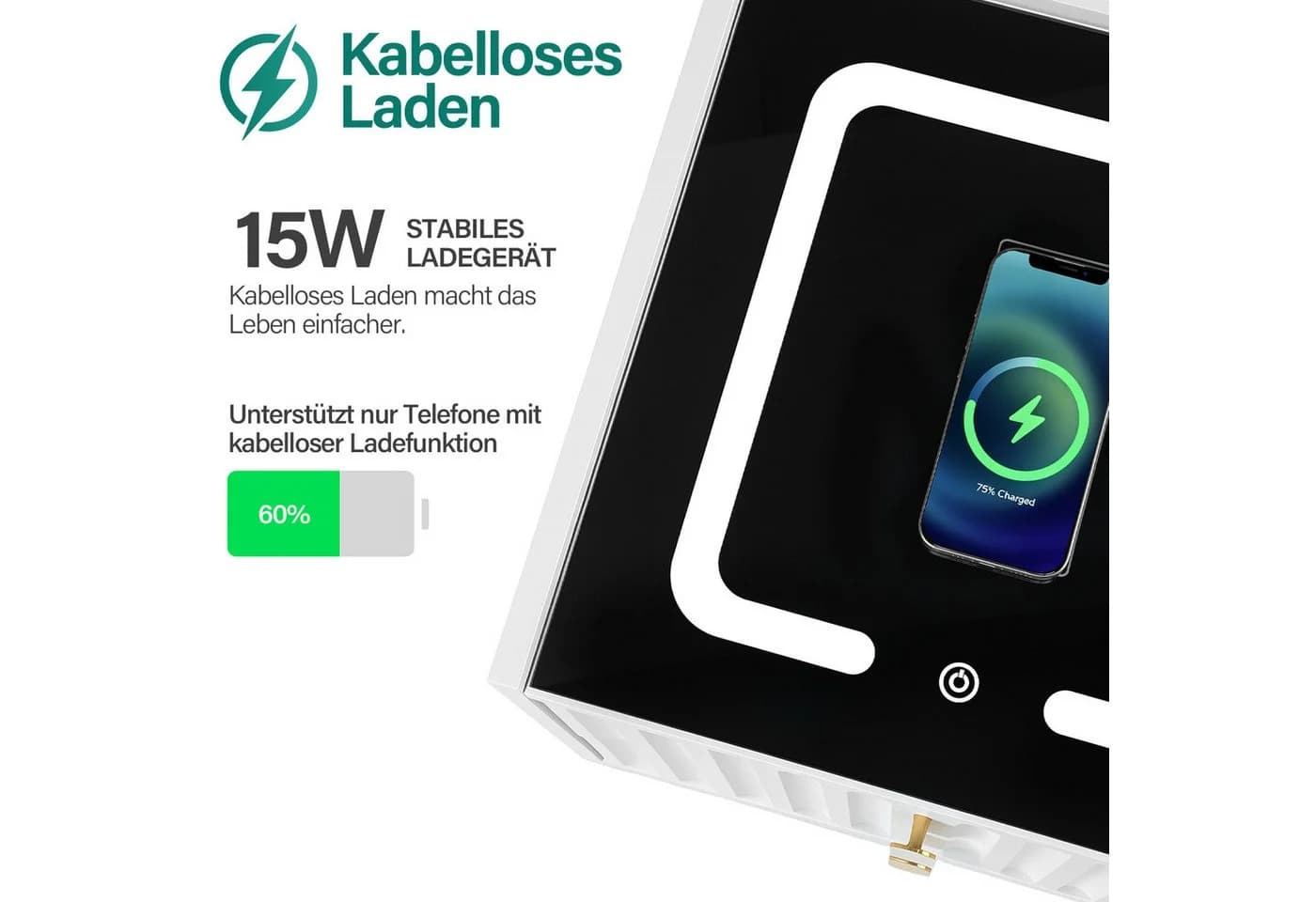 oyajia Nachttisch mit LED-Beleuchtung & kabellosem Laden Weiß - Bild 3