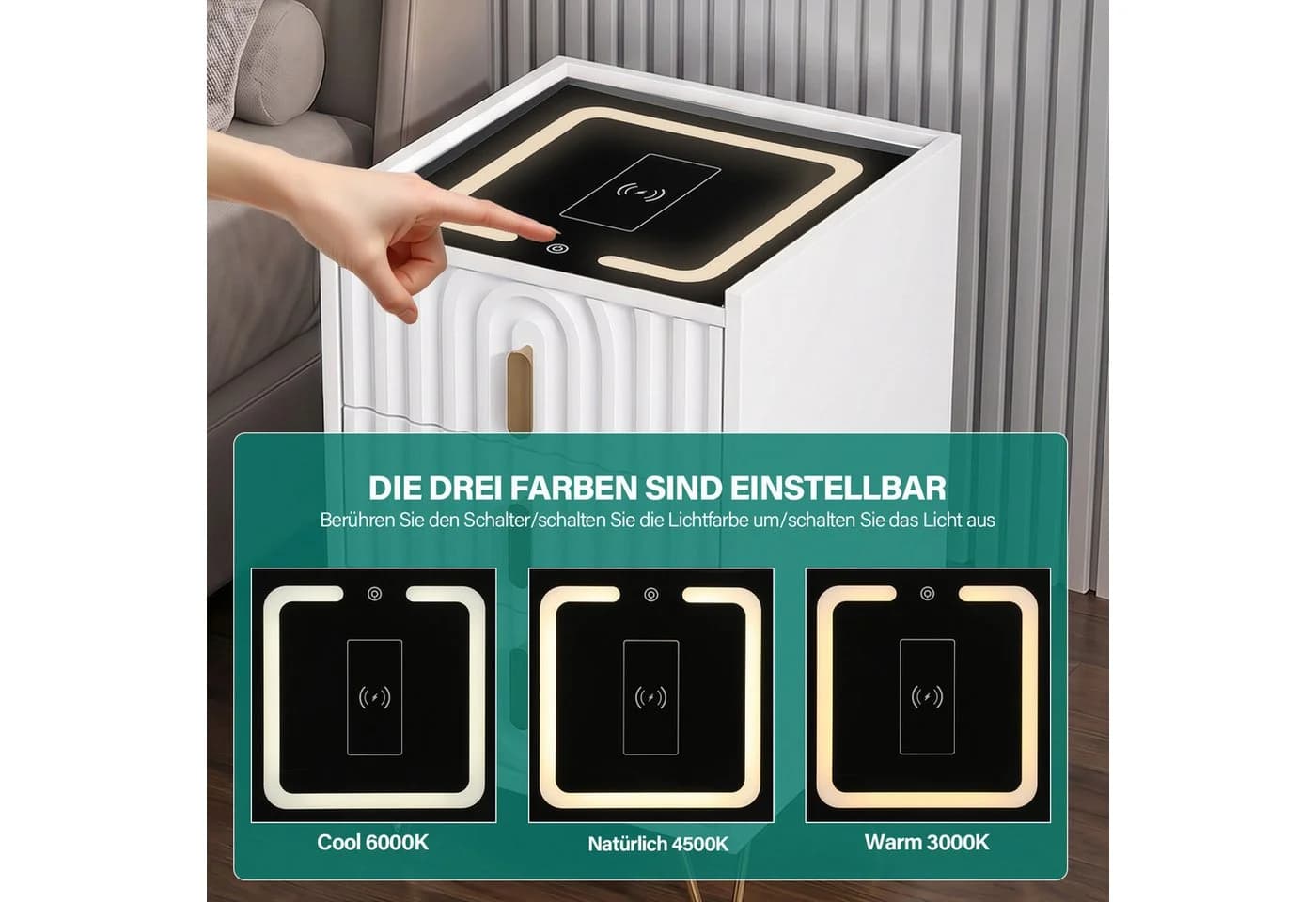 oyajia Nachttisch mit LED-Beleuchtung und kabellosem Laden Weiß - Bild 3