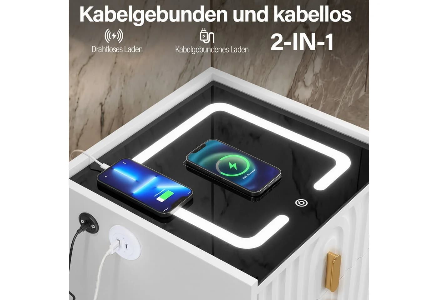 oyajia Nachttisch mit LED-Beleuchtung und kabellosem Laden Weiß - Bild 5