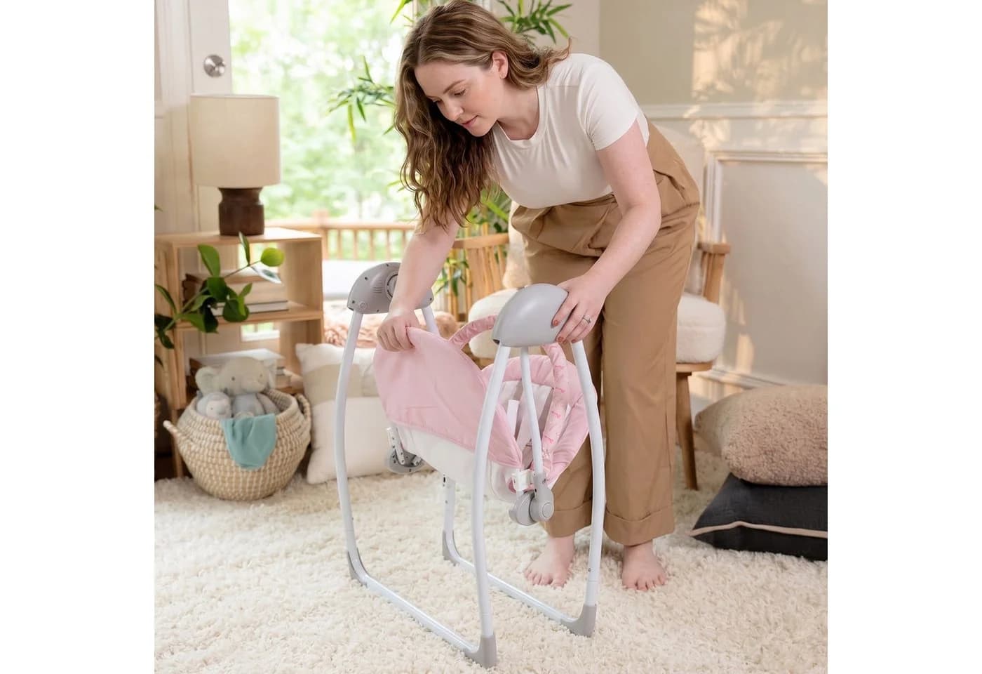 oyajia Babyschaukel Rosa mit Musik und 5 Wippgeschwindigkeiten