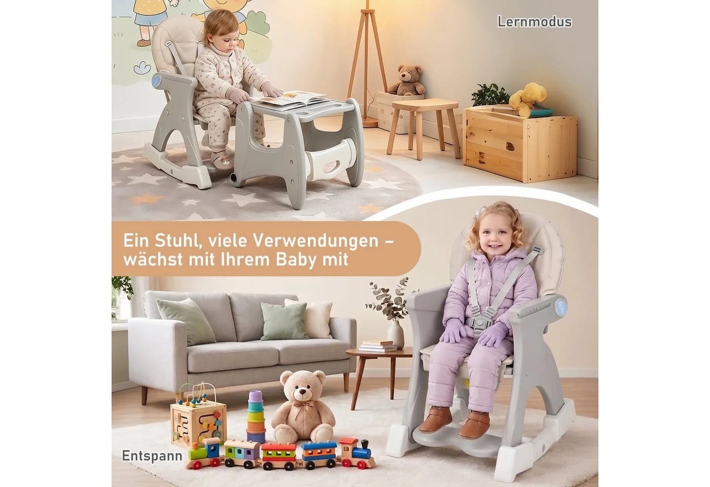 oyajia Kinderstuhl 3 in 1 mit Spieltisch und Rädern Grau - Bild 4