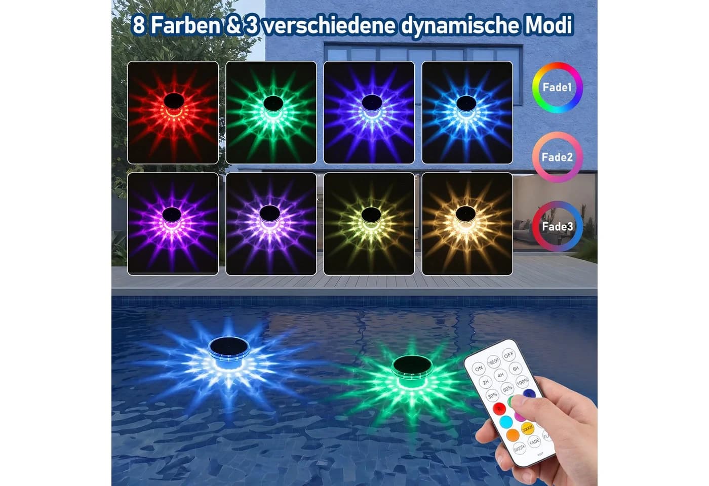 oyajia 2er Set Solar Poollicht RGB Wasserdicht mit Fernbedienung - Bild 3