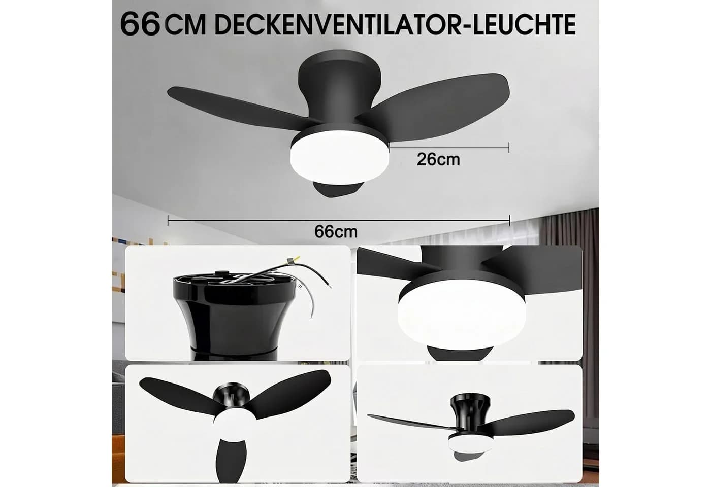 oyajia Deckenventilator mit LED-Beleuchtung 66cm Schwarz Dimmbar Fernbedienung - Bild 5