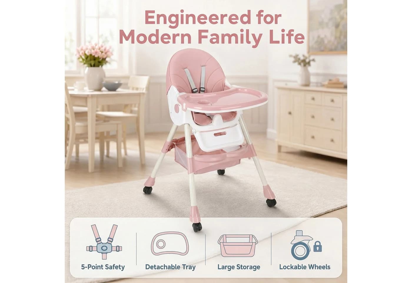 oyajia Kinderstuhl 3-in-1 Rosa/Blau mit 5-Punkt-Gurt - Bild 3