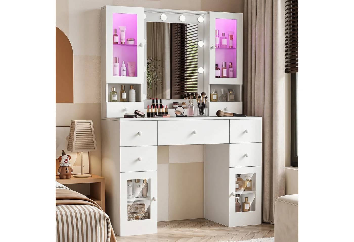 oyajia Schminktisch mit Spiegel, LED-Beleuchtung und Steckdosenleiste, Weiß - Bild 2