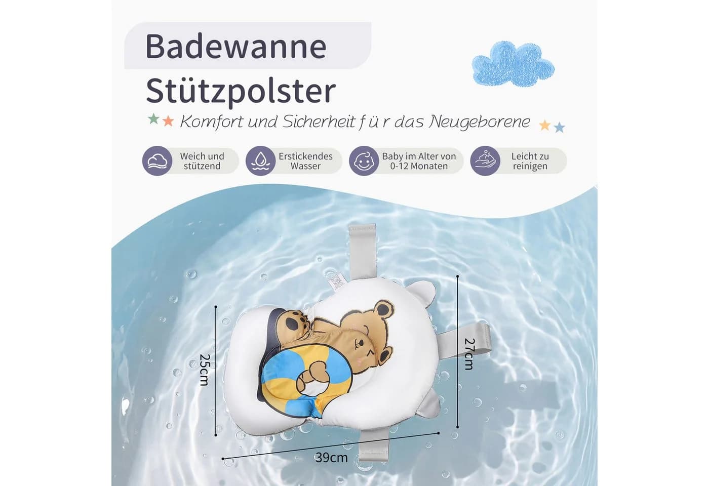 oyajia Faltbare Babybadewanne mit Thermometer & Kissen Grau