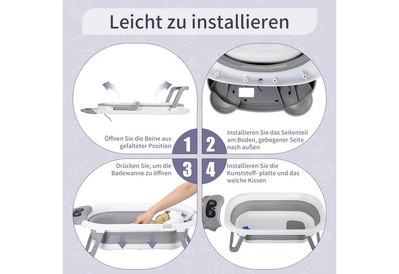 oyajia Faltbare Babybadewanne mit Thermometer & Kissen Grau - Bild 3