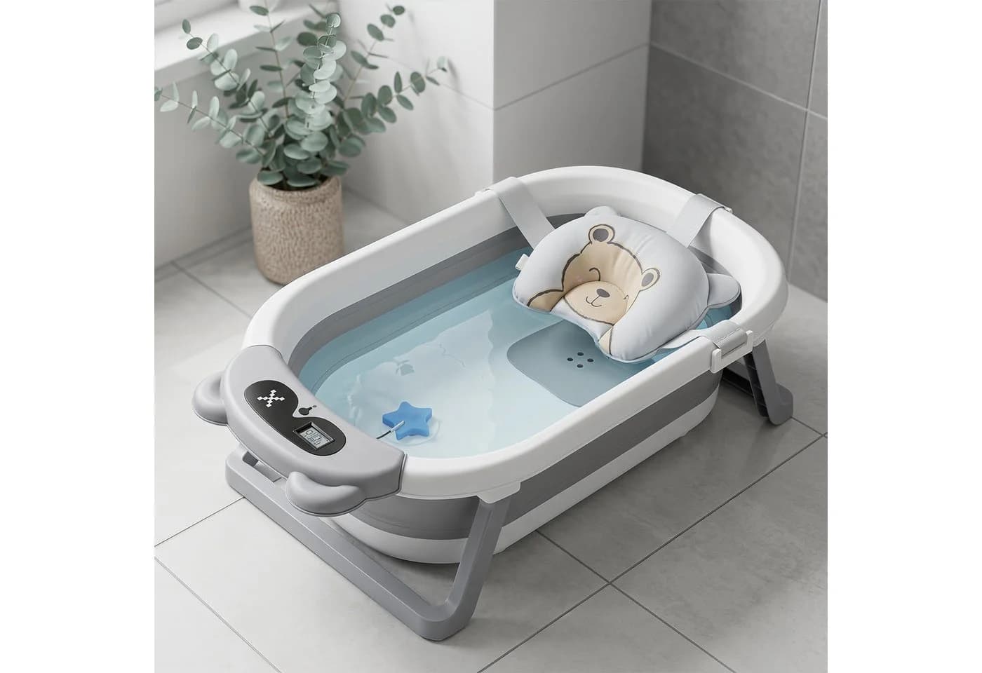 oyajia Faltbare Babybadewanne mit Thermometer & Kissen Grau - Bild 4