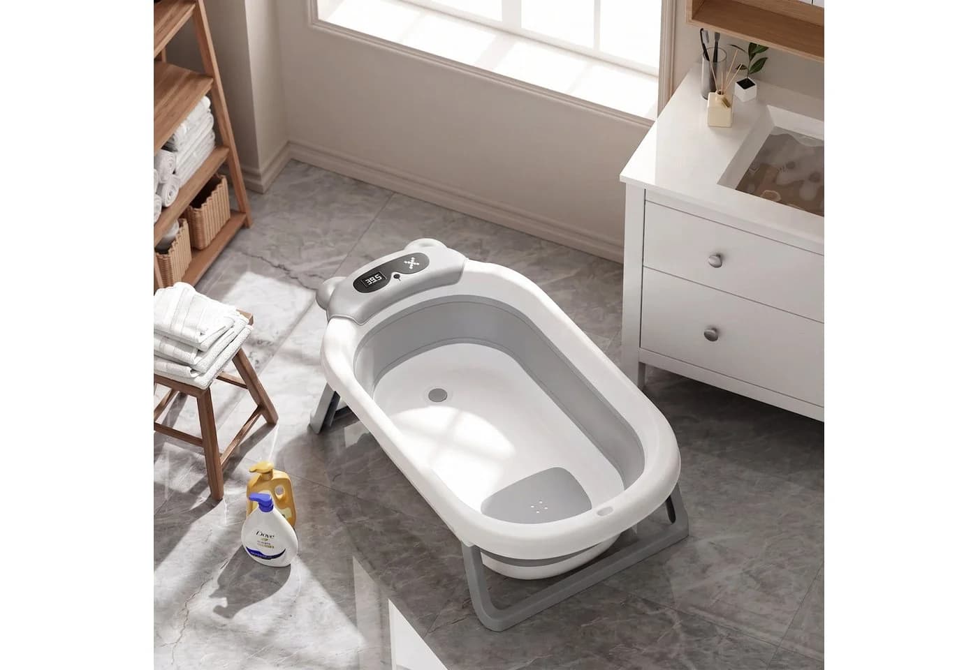 oyajia Faltbare Babybadewanne mit Thermometer & Kissen Grau - Bild 5