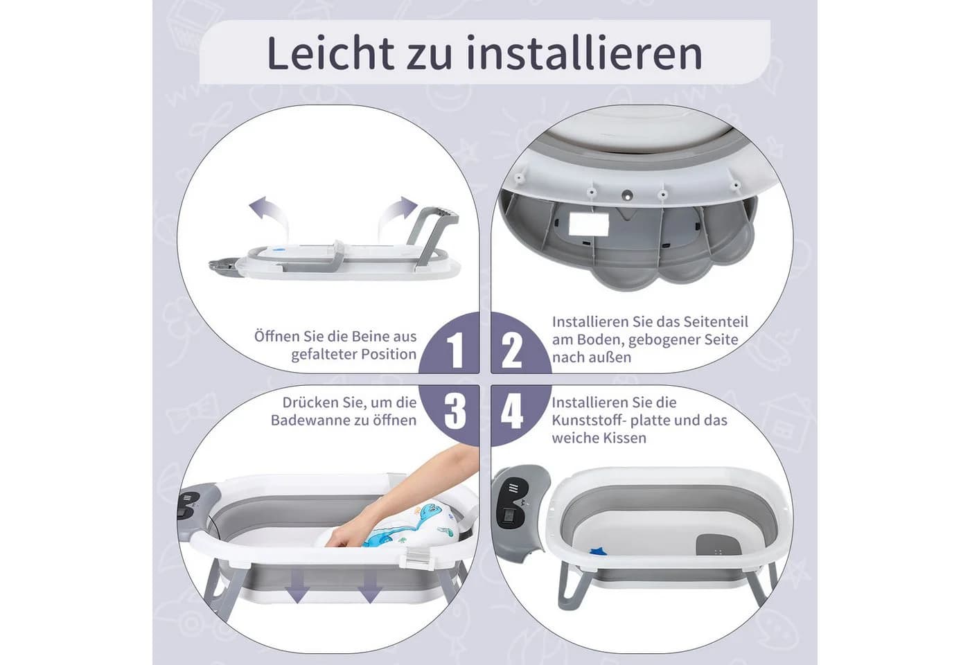 oyajia Faltbare Babybadewanne Grau mit Thermometer & Kissen - Bild 3