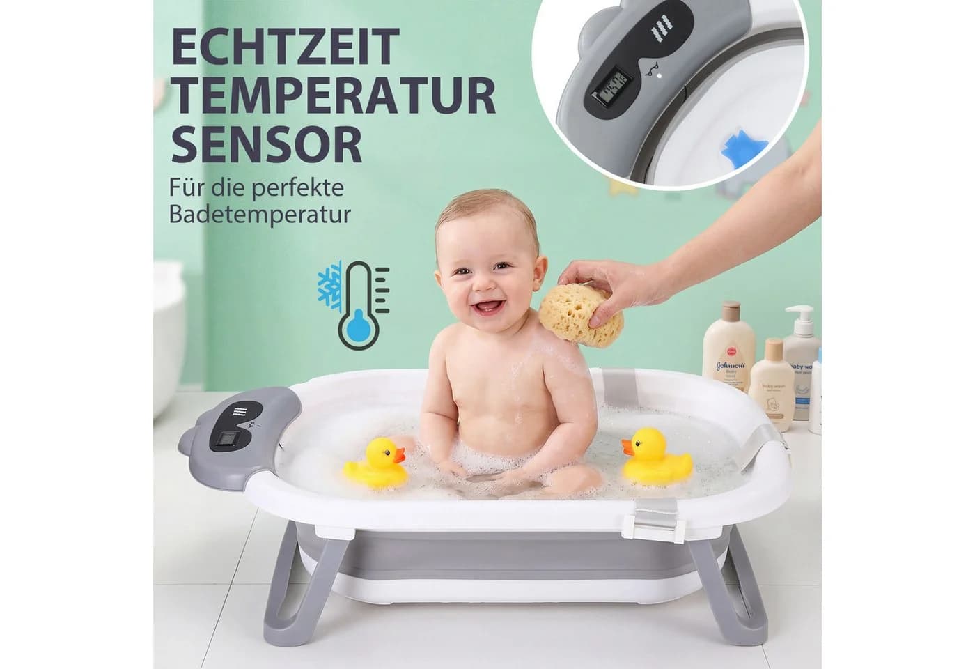 oyajia Faltbare Babybadewanne Grau mit Thermometer & Kissen - Bild 4