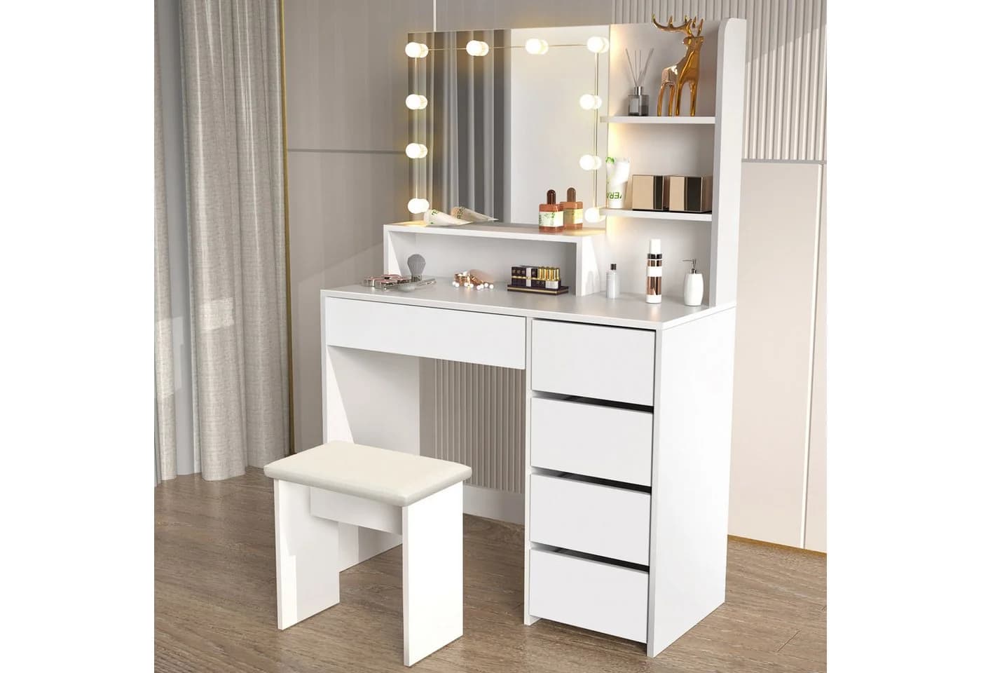 oyajia Schminktisch mit LED-Beleuchtung, Spiegel und Hocker, Weiß - Bild 2