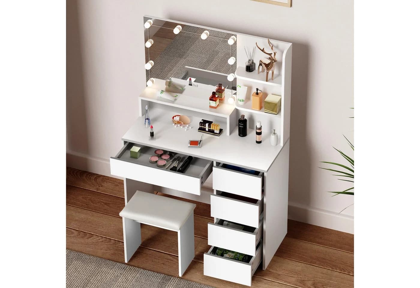oyajia Schminktisch mit LED-Beleuchtung, Spiegel und Hocker, Weiß - Bild 4