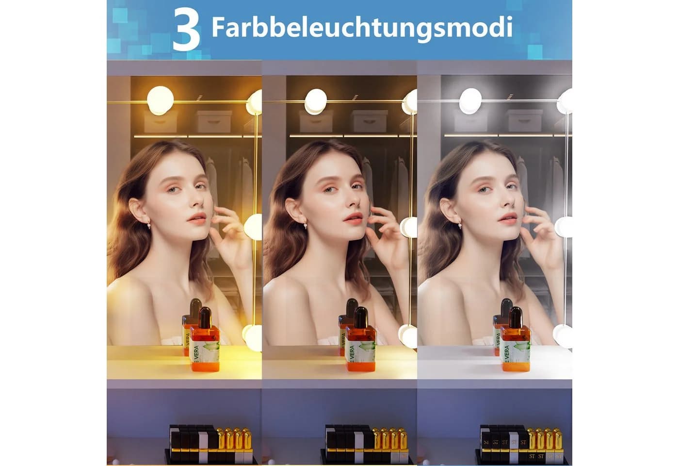 oyajia Schminktisch mit LED-Beleuchtung, Spiegel und Hocker, Weiß - Bild 5