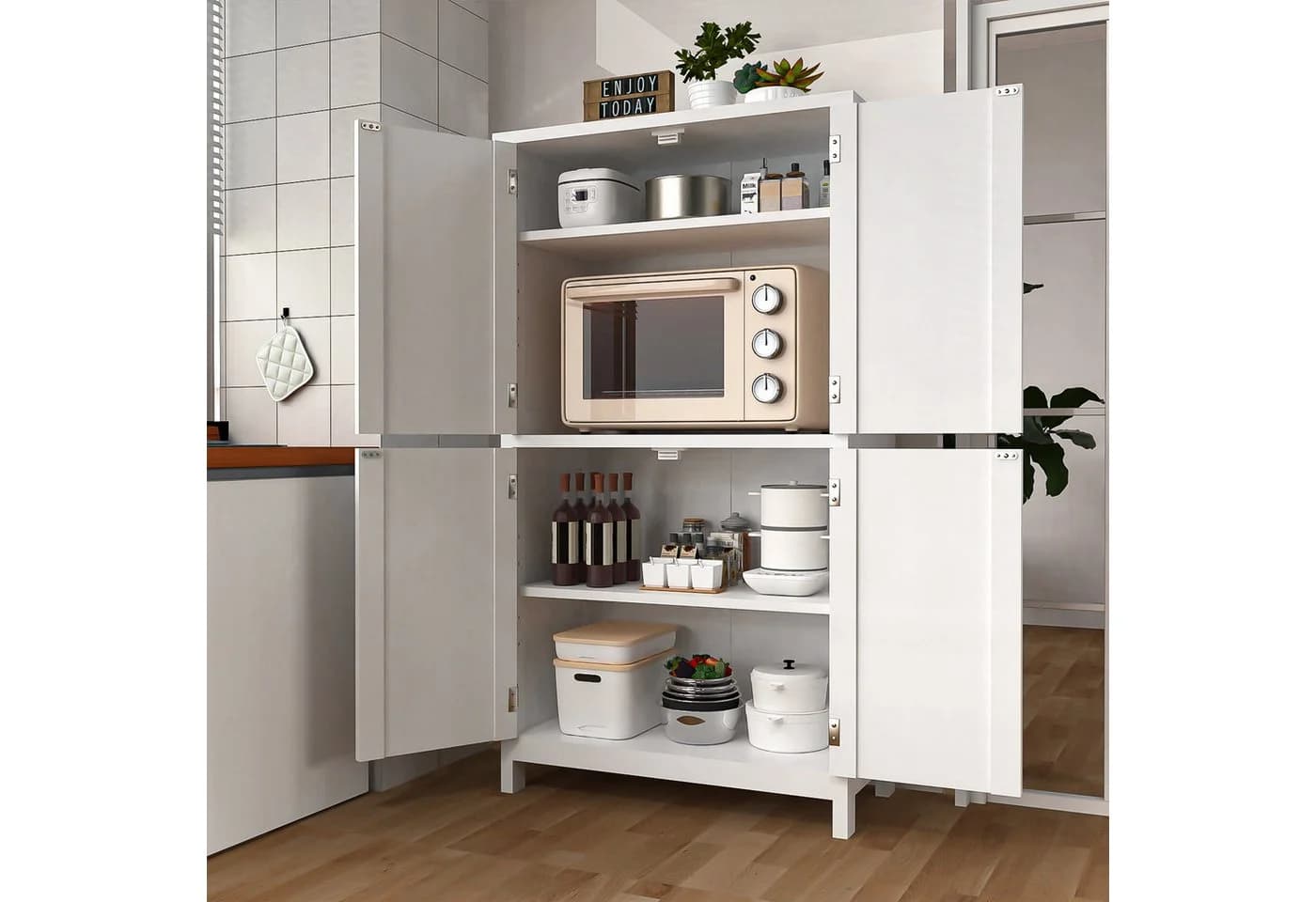 oyajia Mehrzweckschrank 4 Türen Weiß Verstellbare Regale - Bild 3