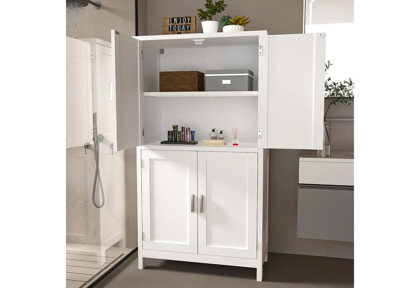 oyajia Mehrzweckschrank 4 Türen Weiß Verstellbare Regale - Bild 4