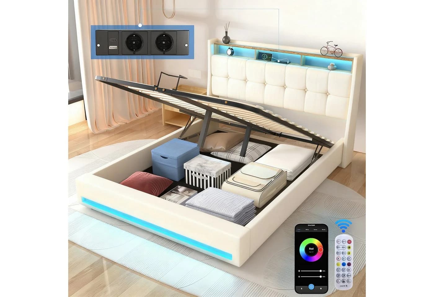 oyajia Polsterbett 140x200 mit LED Licht & Stauraum Beige
