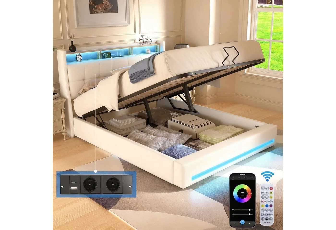 oyajia Polsterbett 140x200 mit LED Licht & Stauraum Beige - Bild 2