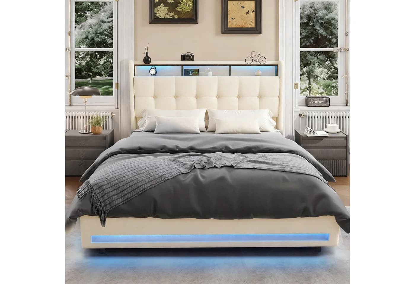 oyajia Polsterbett 140x200 mit LED Licht & Stauraum Beige - Bild 3