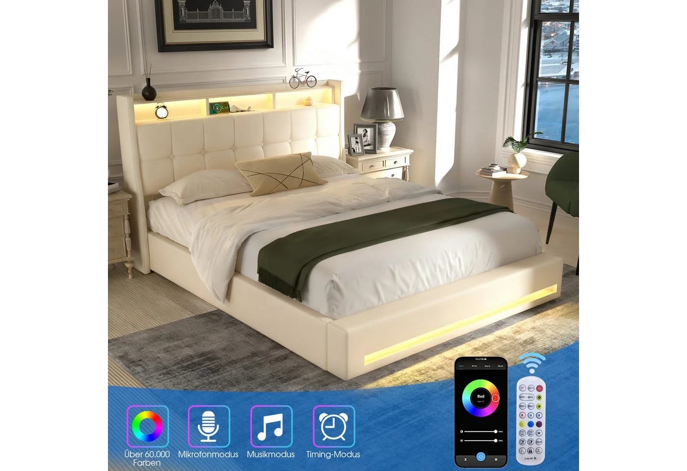 oyajia Polsterbett 140x200 mit LED Licht & Stauraum Beige - Bild 4
