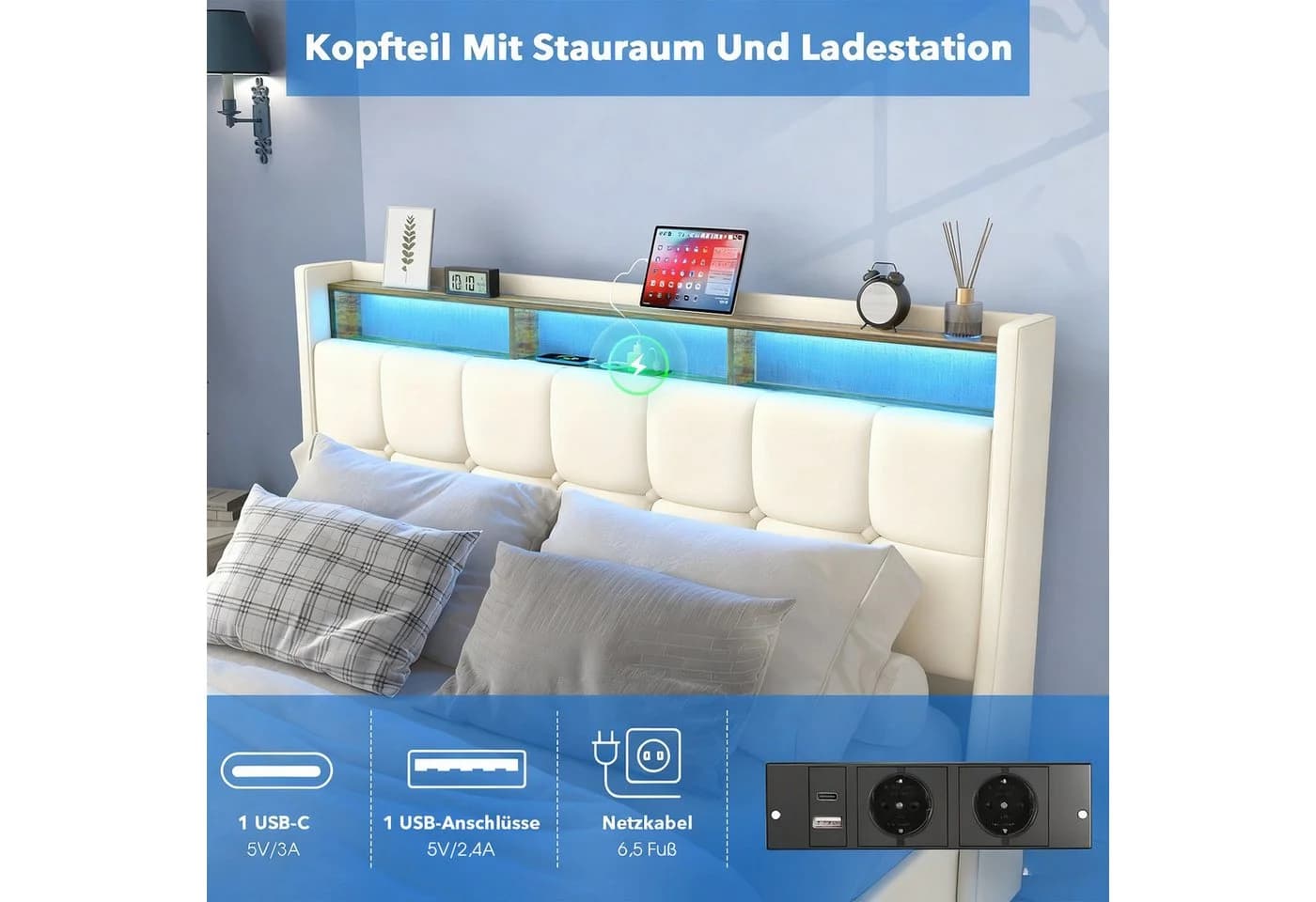 oyajia Polsterbett 140x200 mit LED Licht & Stauraum Beige - Bild 5