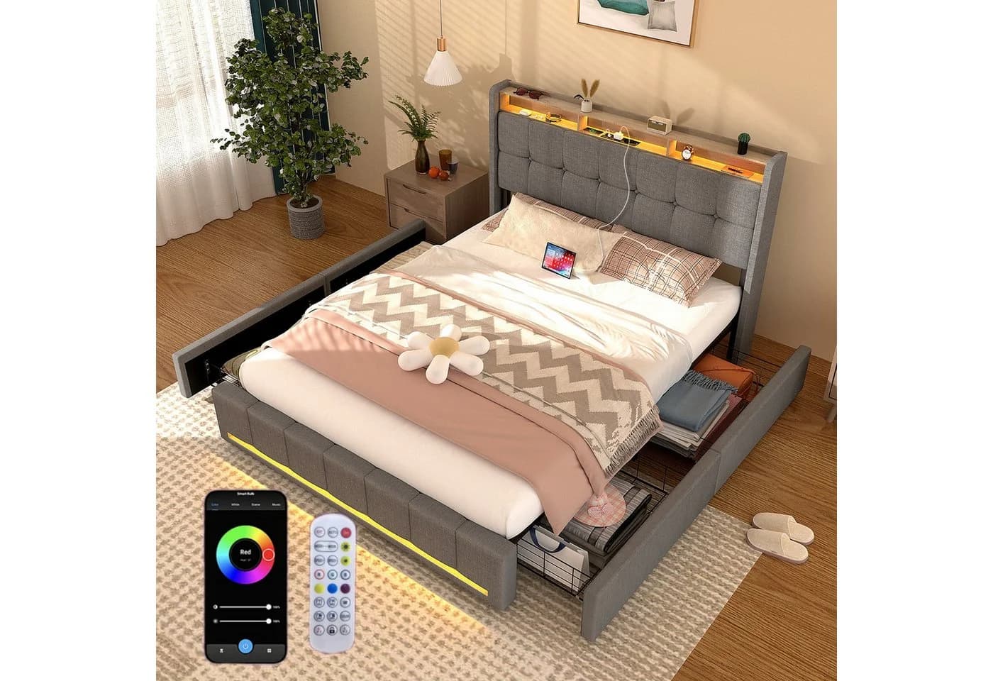 oyajia Polsterbett ED 140x200 cm mit Schubladen und LED-Beleuchtung - Bild 2